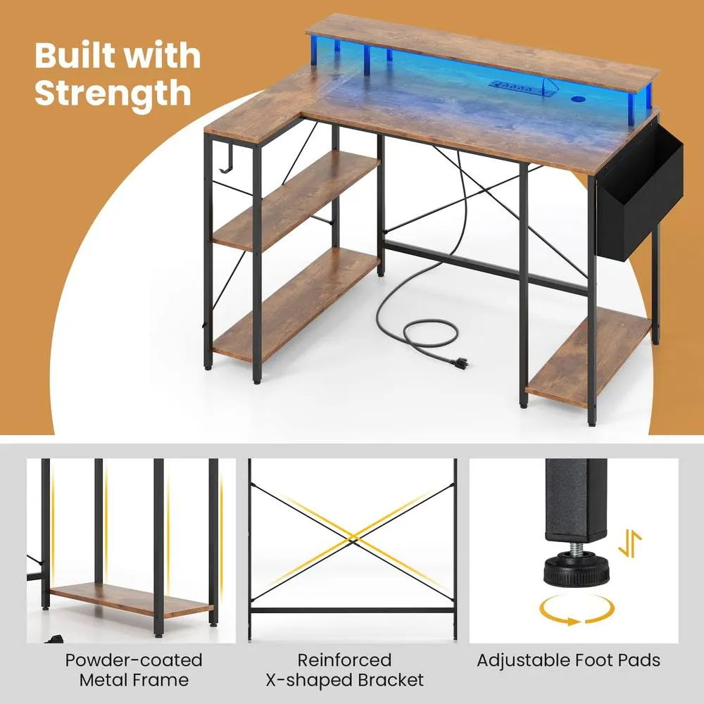 Costway L-Shaped Gaming Desk 120 cm Computer Desk with LED Lights in Brown 5