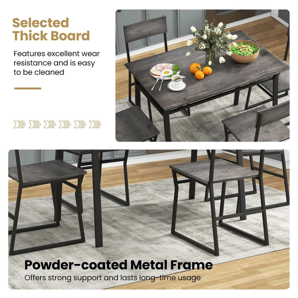 Costway 5 PCS Industrial Dining Table Set Rectangular Kitchen Table W/ 4 Chairs Metal Frame in Grey 4
