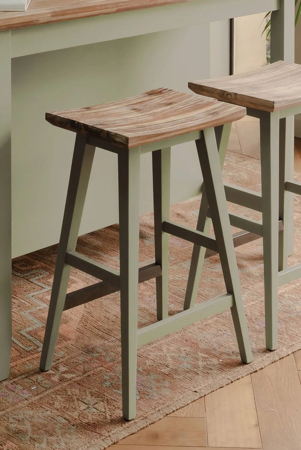 Statement Furniture Florence Bar Stool, Acacia Hardwood Rectangular Seat in Light Green