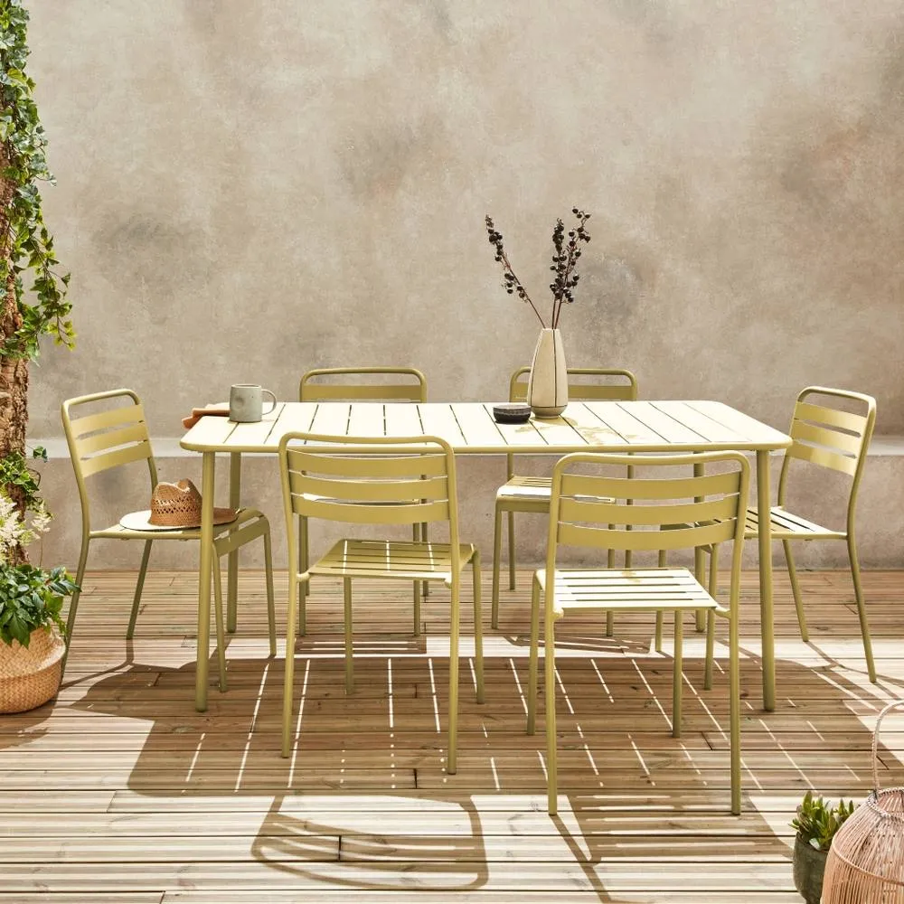 sweeek 6-8 Seater Rectangular Steel Garden Table Set With 6 Chairs in Yellow