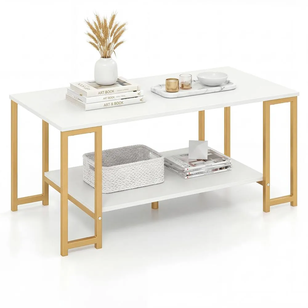 Costway 2-Tier Coffee Table Rectangular Cocktail Table Center Table w/ Shelf in White 3