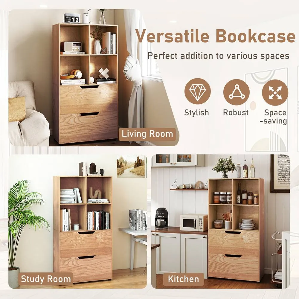 Costway 5-Tier Bookcase w/2 Drawers & 4-Cubes Tall Bookshelf Display Rack in Natural 6