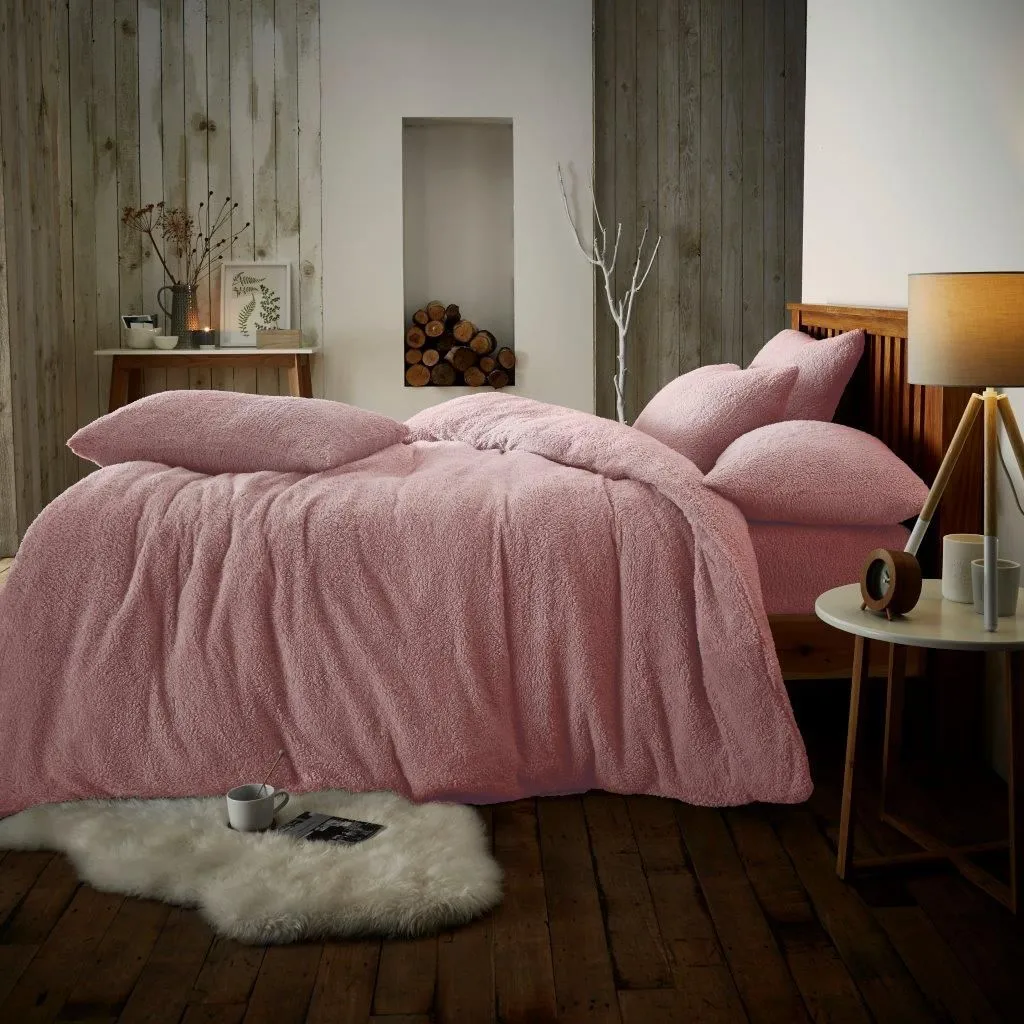 Smart Living Luxury Teddy Plain Duvet Cover & Pillowcase Set in Pink 1