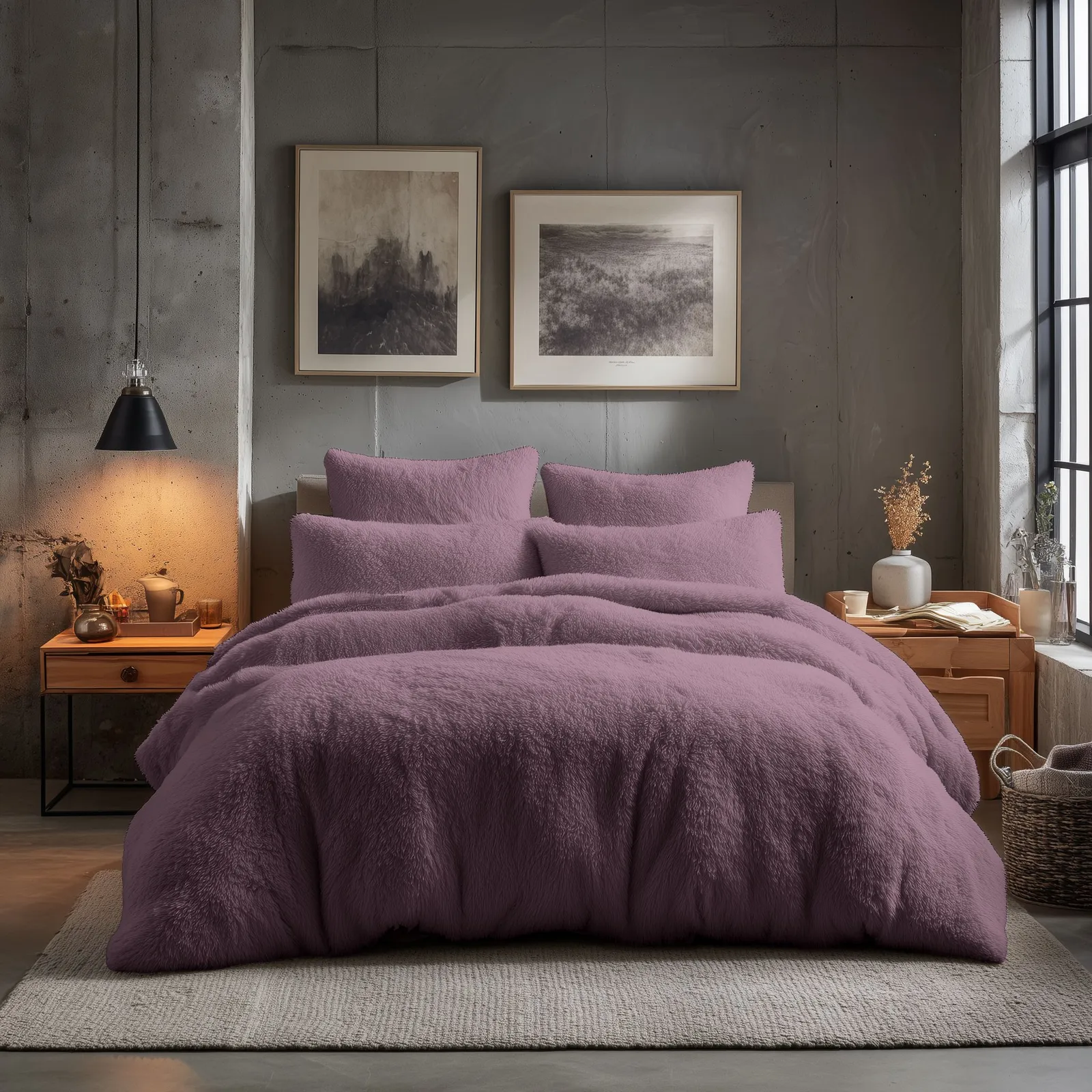 Snug City Teddy Bear Fleece Soft Cosy Duvet Cover + Pillow Case Set in Lilac