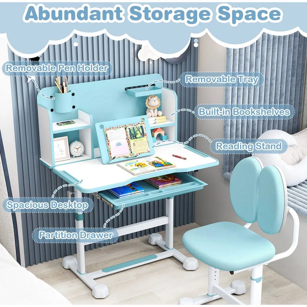 Costway Kid's Study Desk & Chair Set Adjustable Desk-Blue in Blue 3