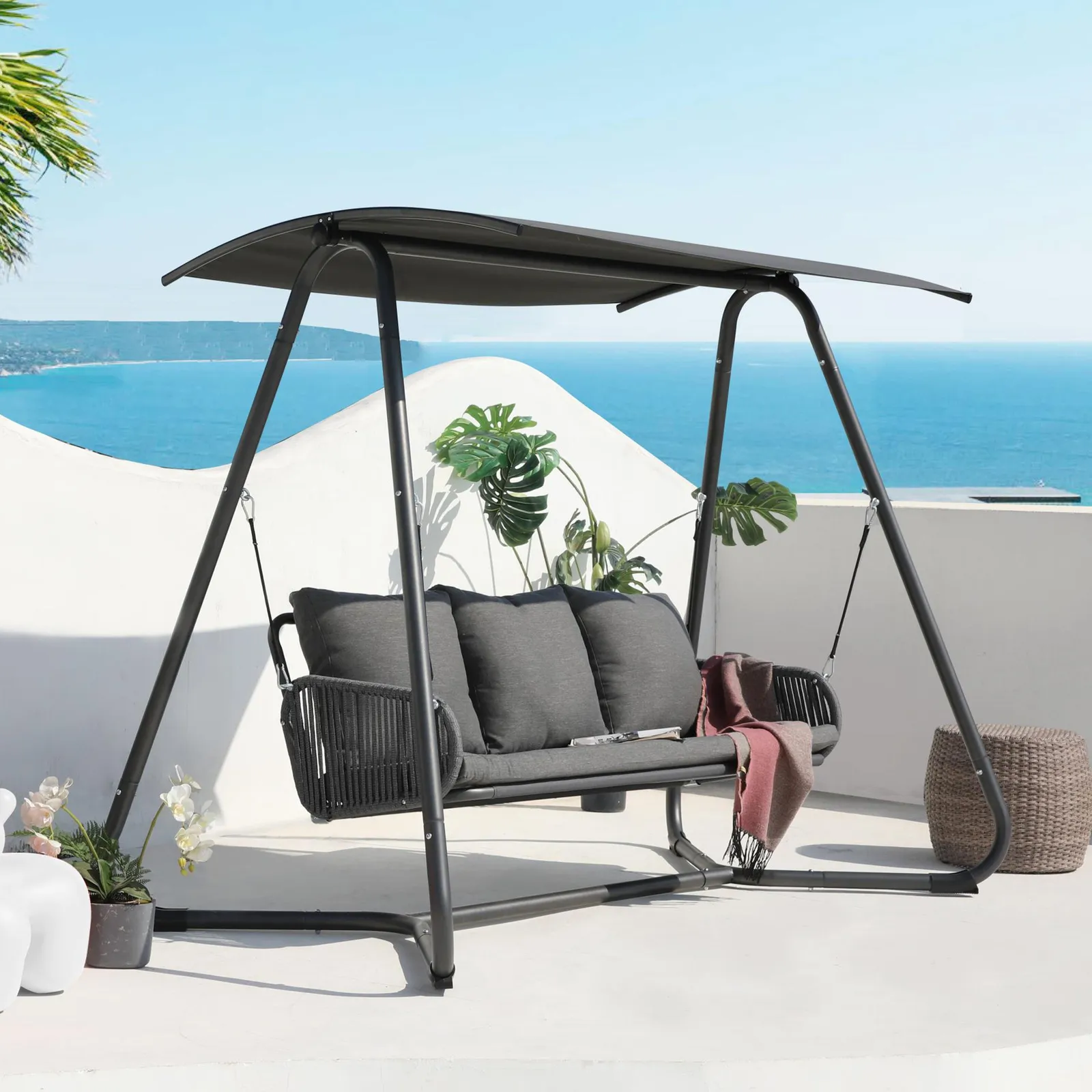 Charles Bentley 3 Seater Deluxe Rope And Steel Swing Seat Grey