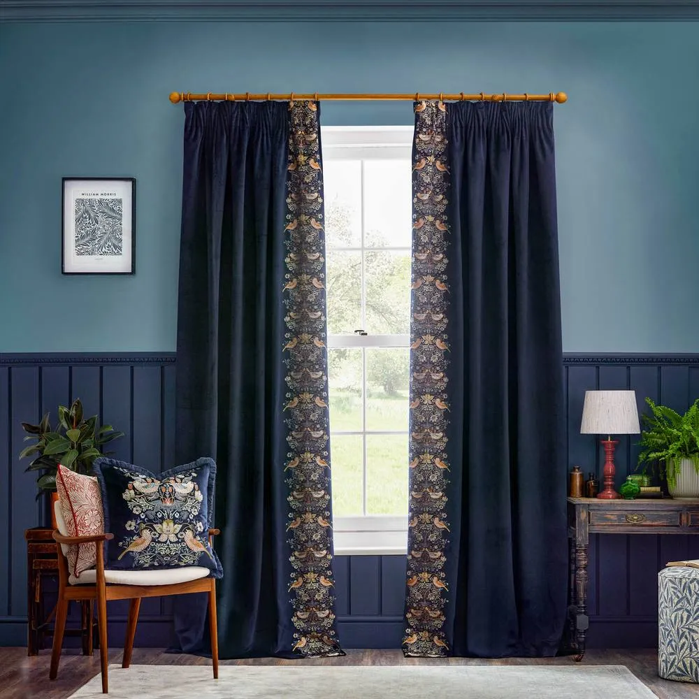 Morris & Co Strawberry Thief Embroidered Velvet Room Darkening Pencil Pleat Curtain Pair in Indigo 2