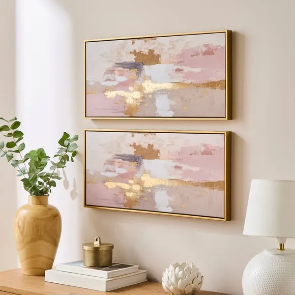 Set of 2 Abstract Global Pink & Gold Framed Canvases