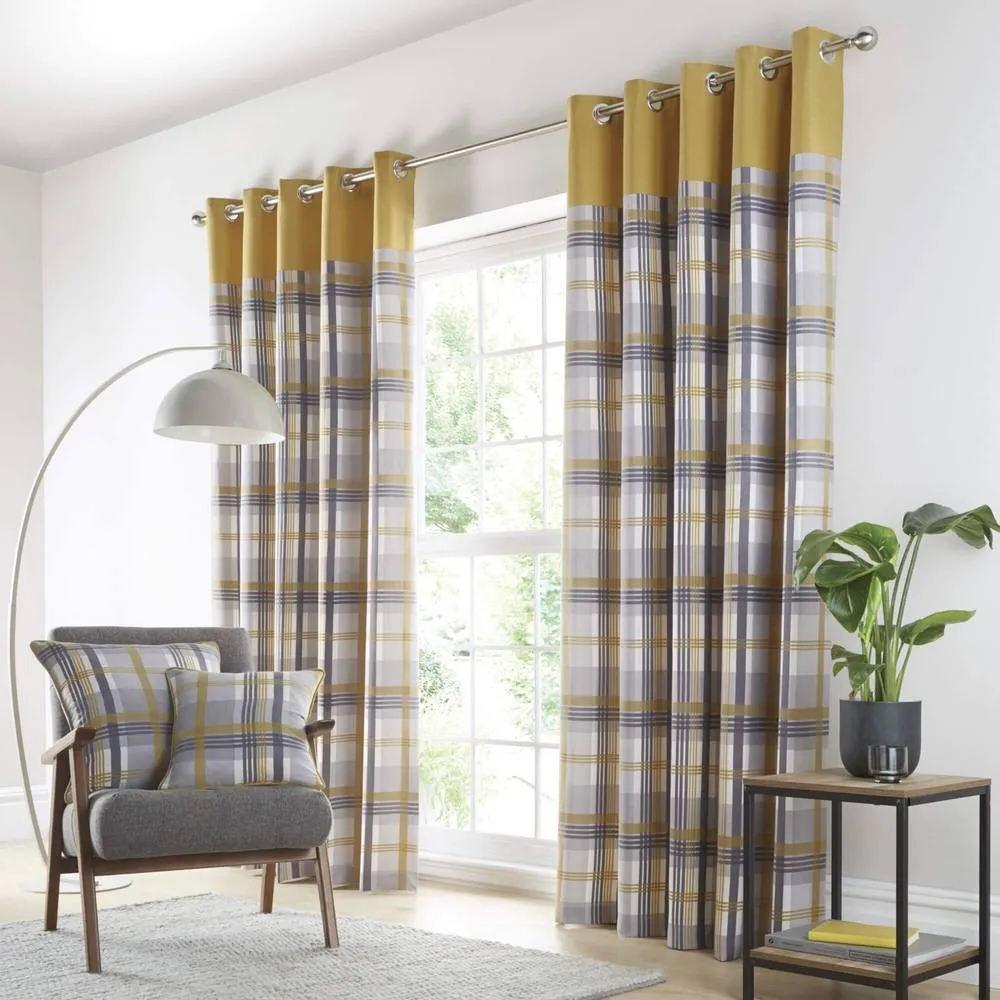 Portfolio Home Orleans Tartan Check Striped Fully Lined Eyelet Curtains 2 Panel Pair in Yellow