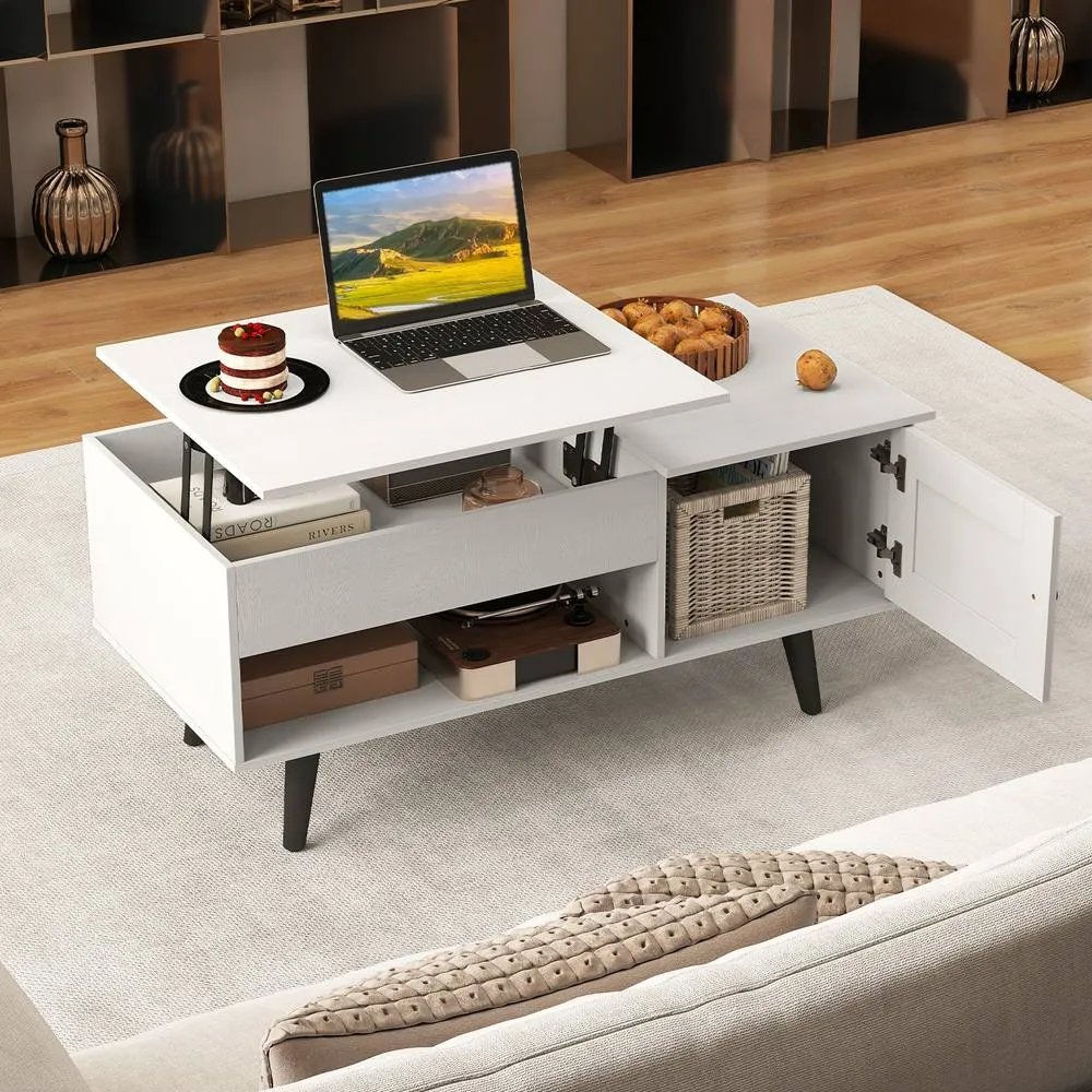 Costway Lift Top Coffee Table Flip Top Center Table w/Hidden Compartment-White in White