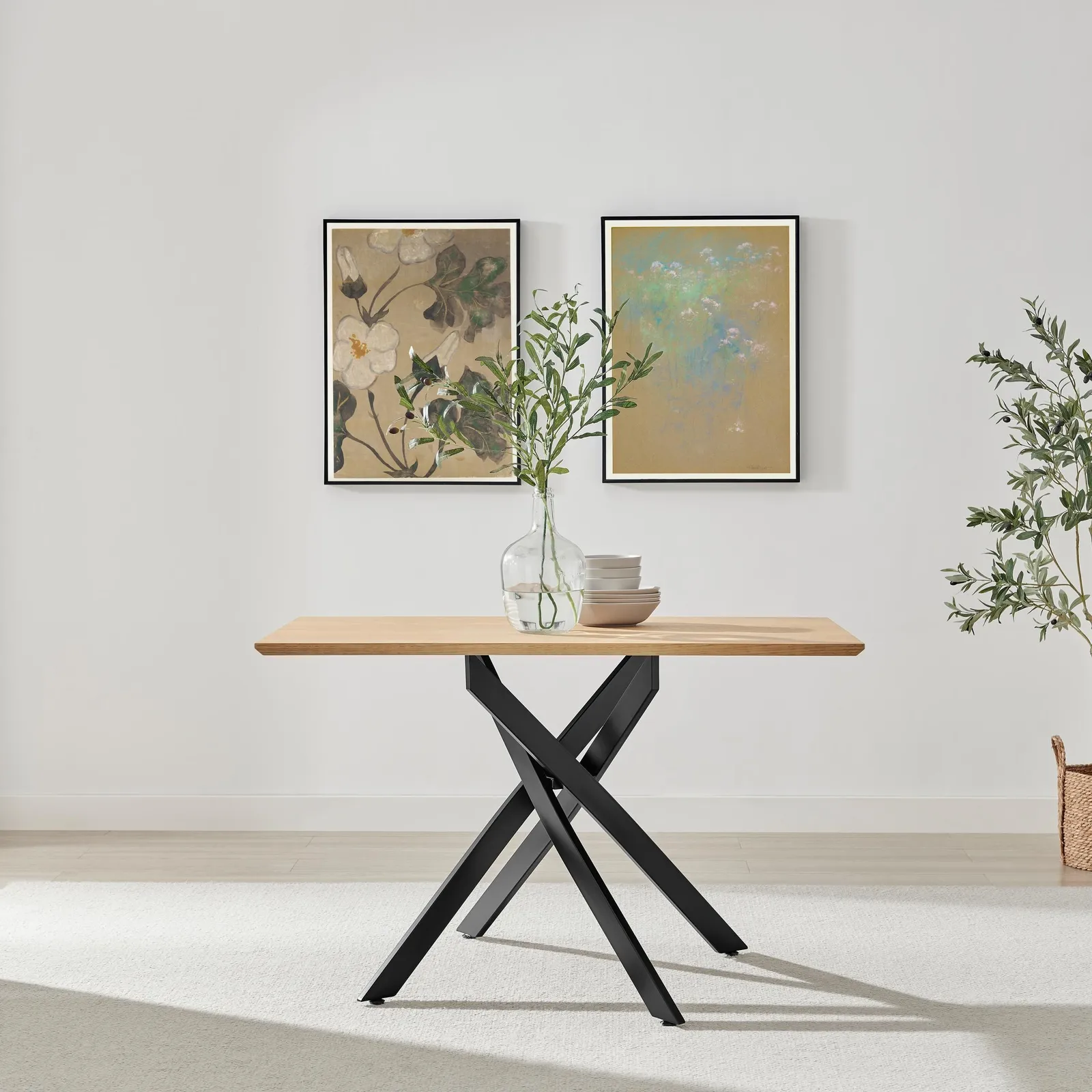 FurnitureboxUK Leonardo Rectangular Oak Veneer & Black Metal 4 Seater Dining Table in Light Brown 2