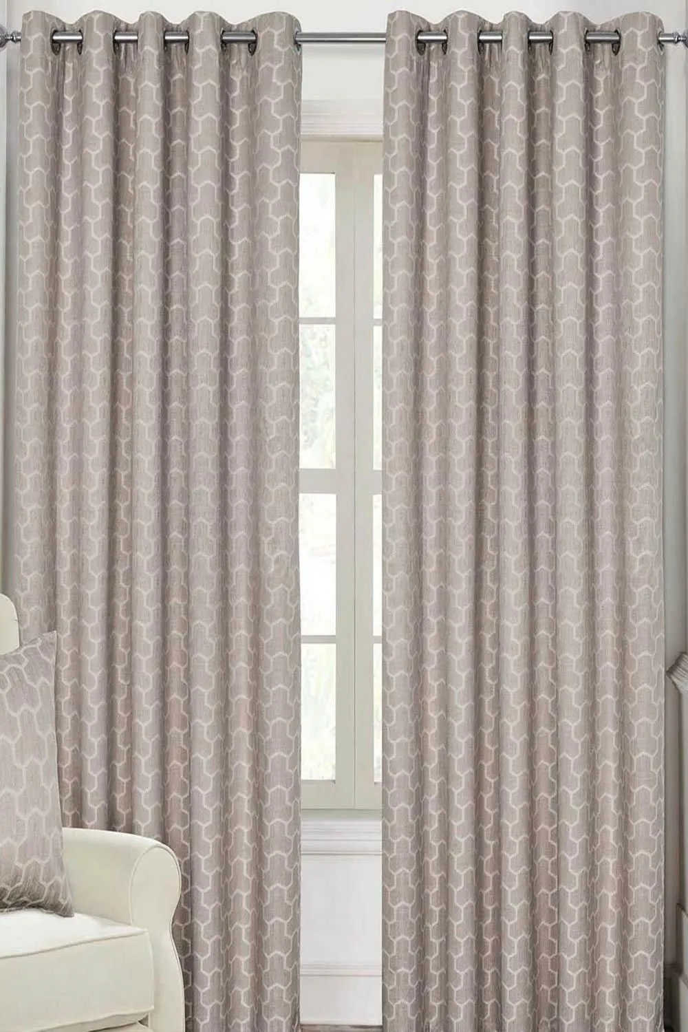 Homescapes Geometric Jacquard Blackout Eyelet Curtain Pair in Natural 1