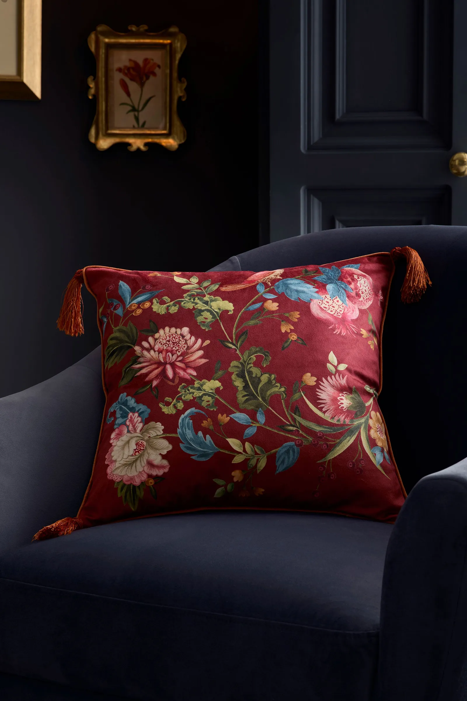 Dreams & Drapes 'Bejewelled' Hand Painted Floral Print Velvet Filled Cushion in Red