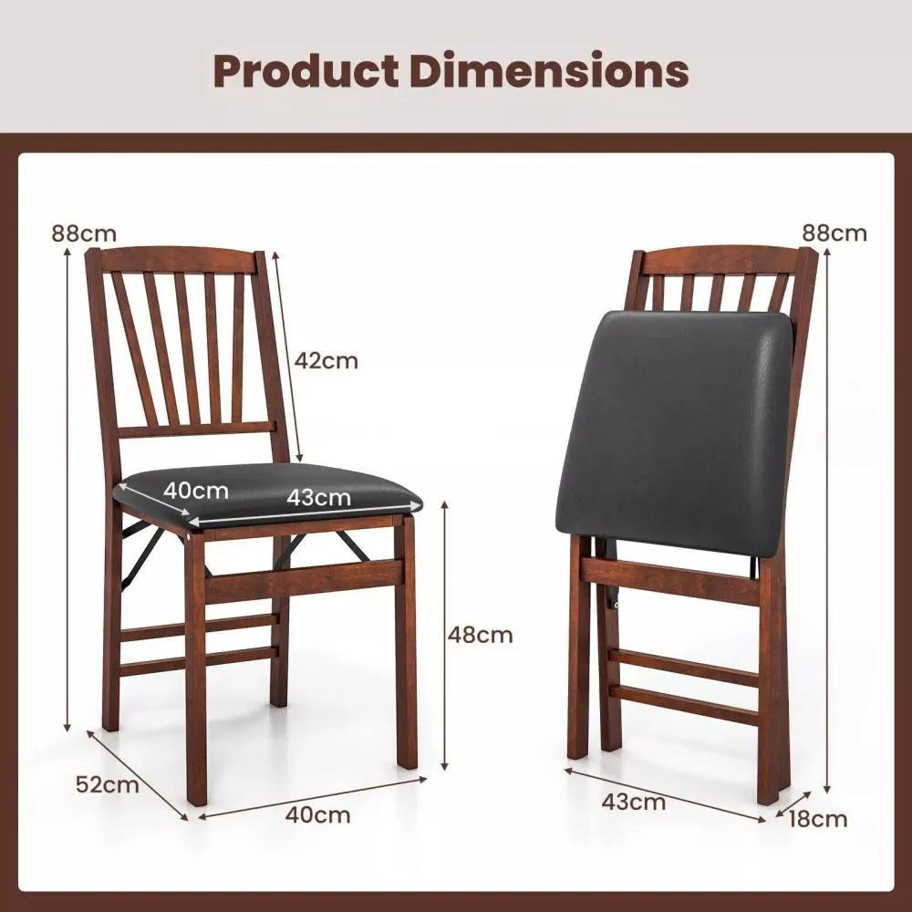 Costway Set of 2 Folding Chair Padded Kitchen Dining Seat Portable Upholstered High Back in Brown 2