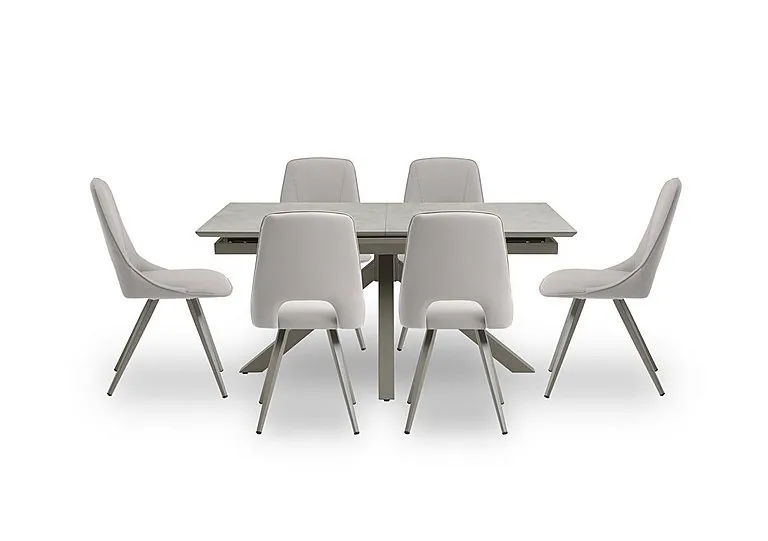 Matera Pop Up Extending Dining Table with Star Base and 6 Faux Leather Chairs with Taupe Legs