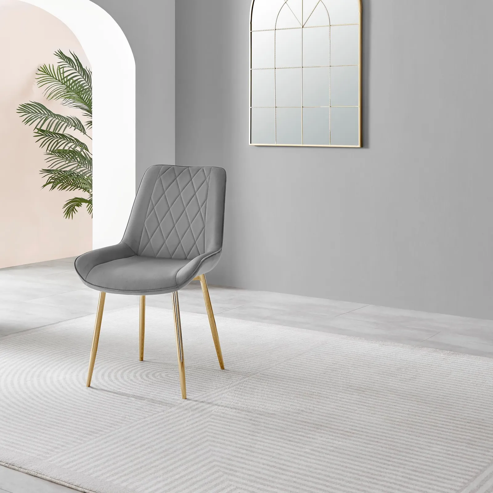 FurnitureboxUK Set of 2 Pesaro Luxury Soft Touch Diamond Pattern Velvet Dining Chairs With Gold Chrome Metal Legs in Grey 5