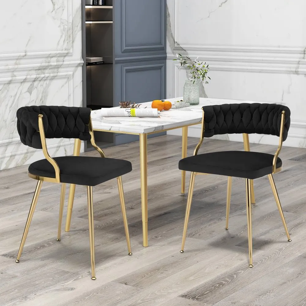 Costway 2PCS Dining Chairs Upholstered Armless Velvet Accent Chair Woven Back in Black 3