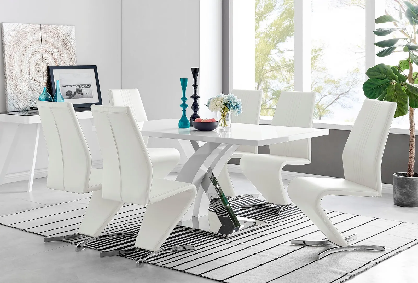 FurnitureboxUK Atlanta Modern Rectangle Chrome Metal High Gloss White Dining Table & 6 Willow Chairs Set in Off-White 1