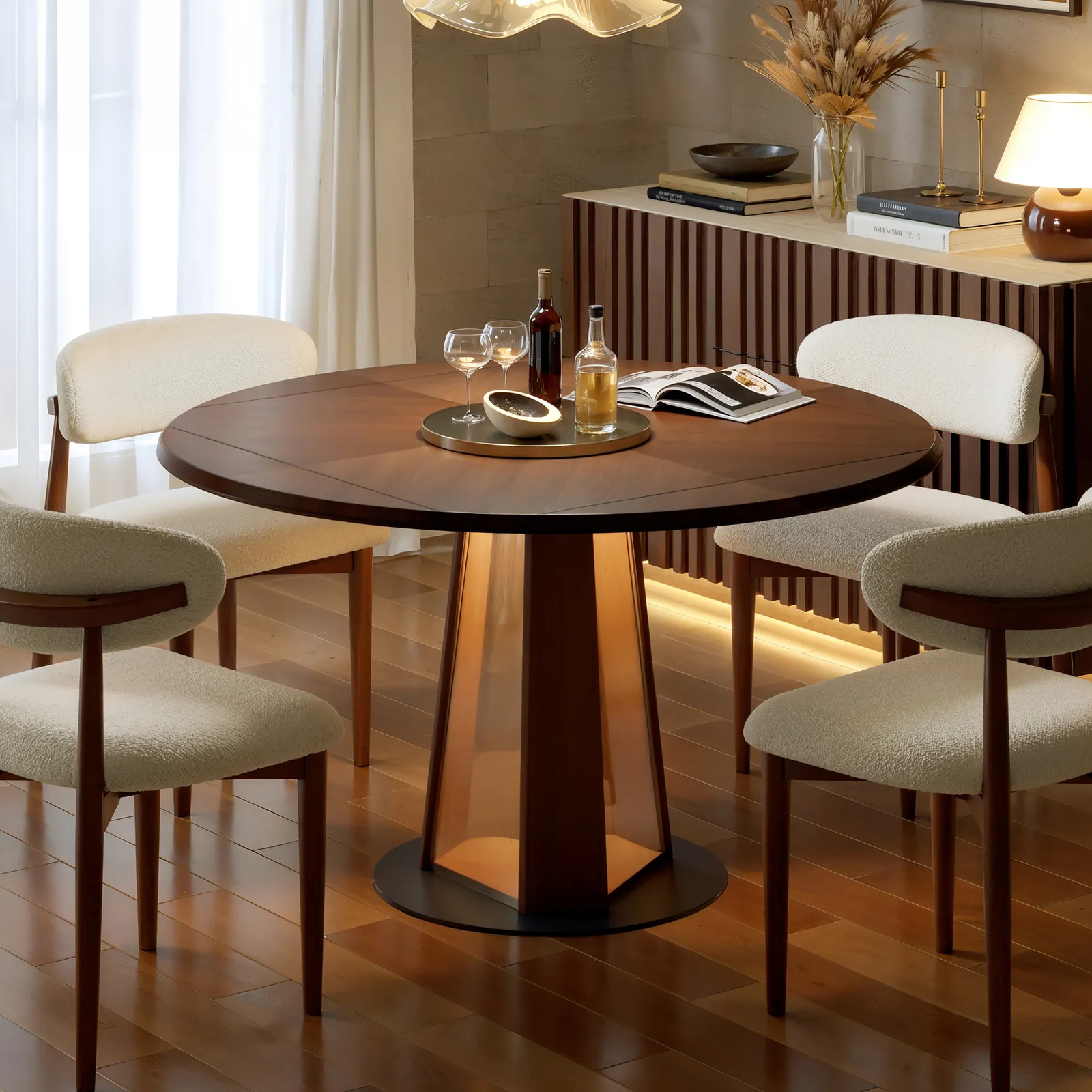 90 - 120 cm Solid Wood Extendable Dining Table with Light