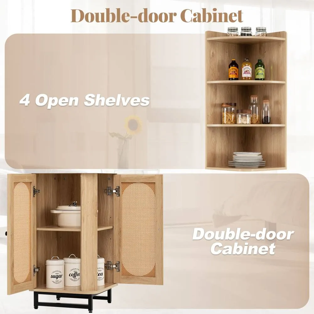 Costway PE Rattan Corner Cabinet 172 cm Tall Corner Bookcase with 2 Doors in Natural 6