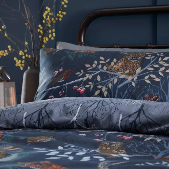 Furn. Forest Fauna Single Duvet Cover Set Cotton Navy, Blue 3