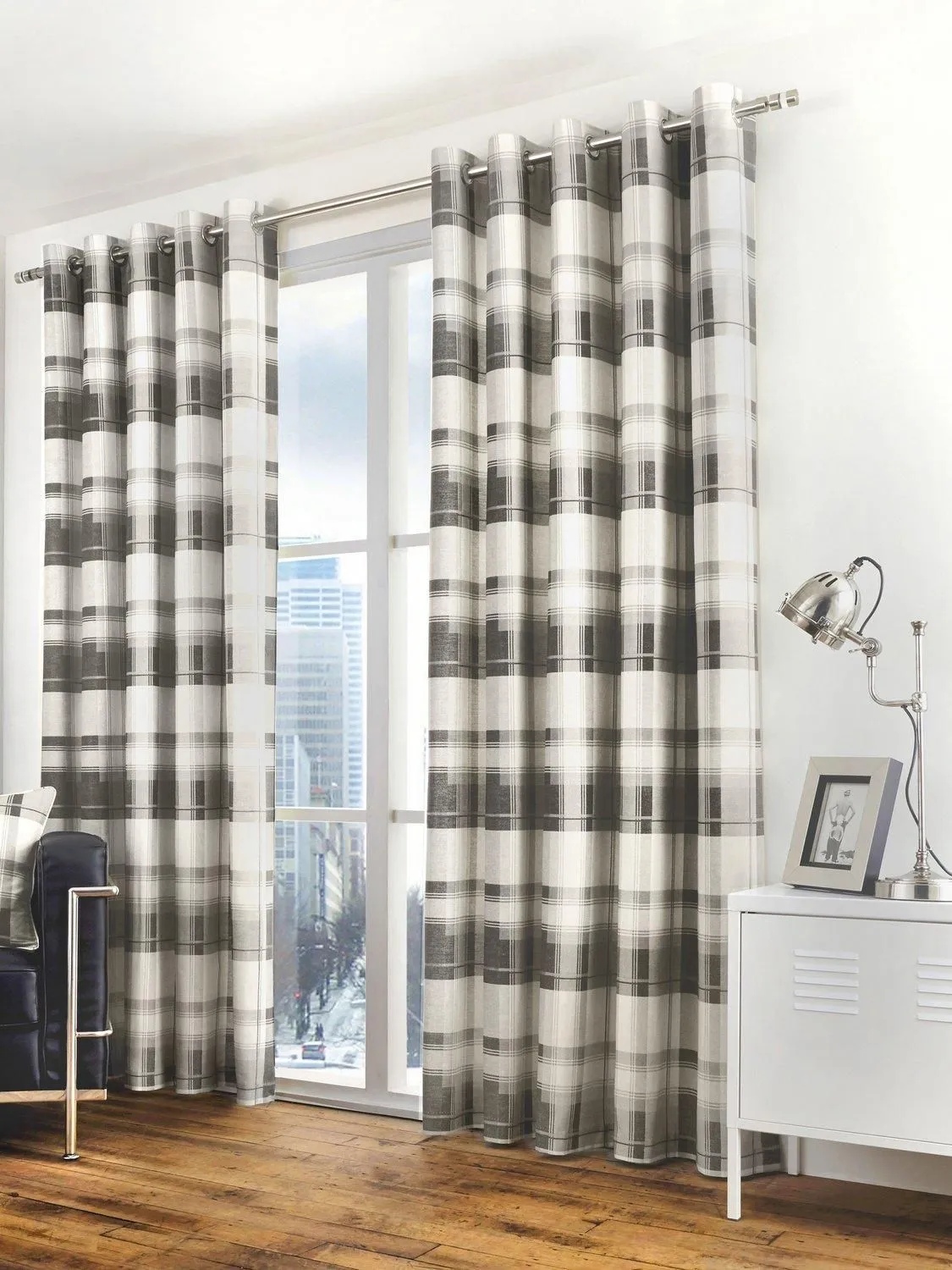Fusion 'Balmoral Check' Country Checked Pattern Pair of Eyelet Curtains in Dark Grey 3