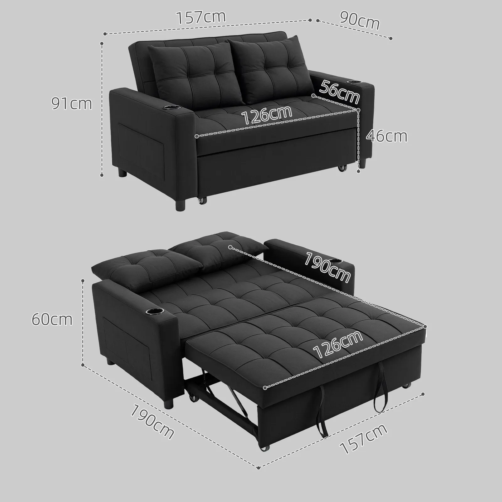 HOMCOM 2 Seater Pull Out Sofa Bed with Pockets for Living Room Black 3