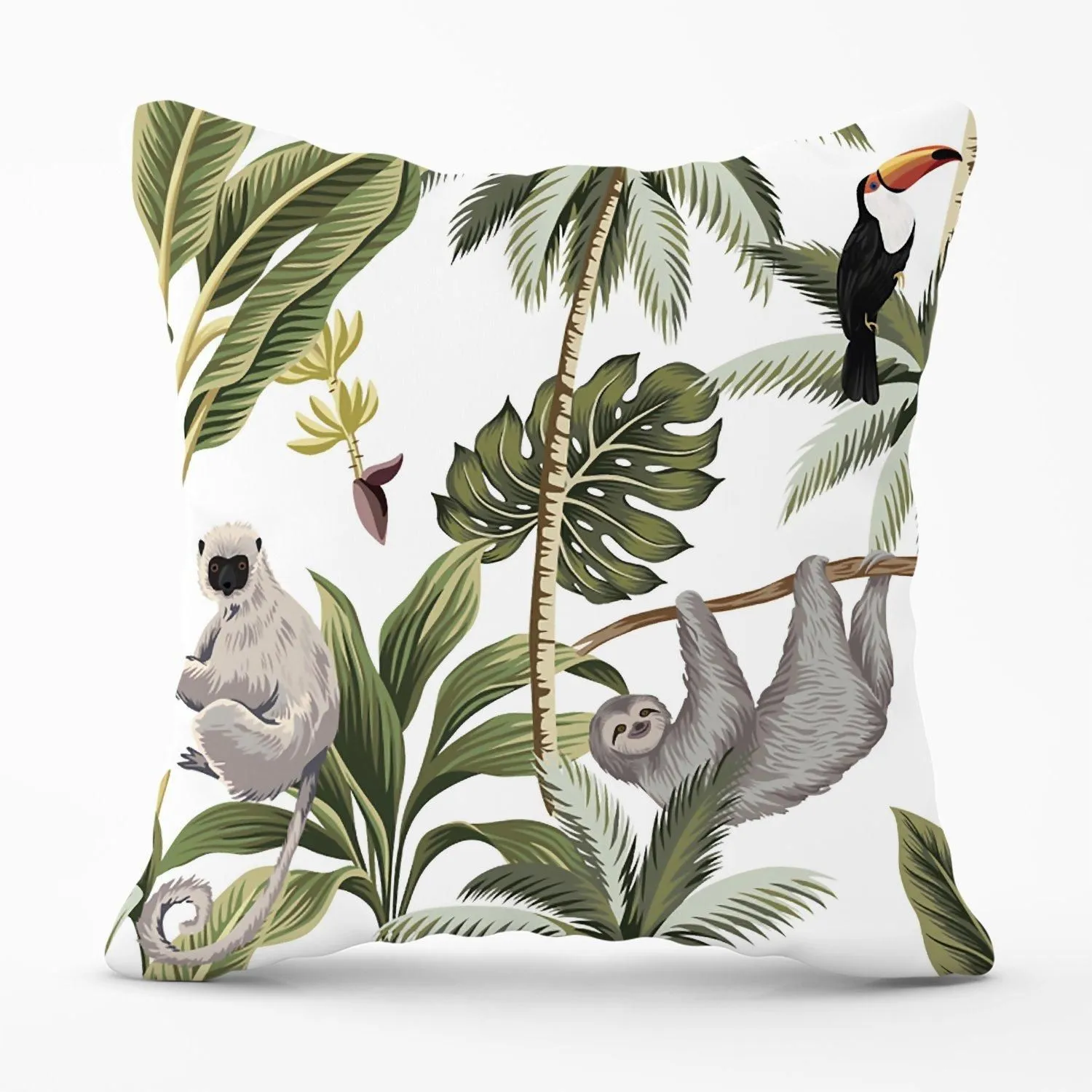 Warren Reed - Designer Tropical Sloths Outdoor Cushion in Green