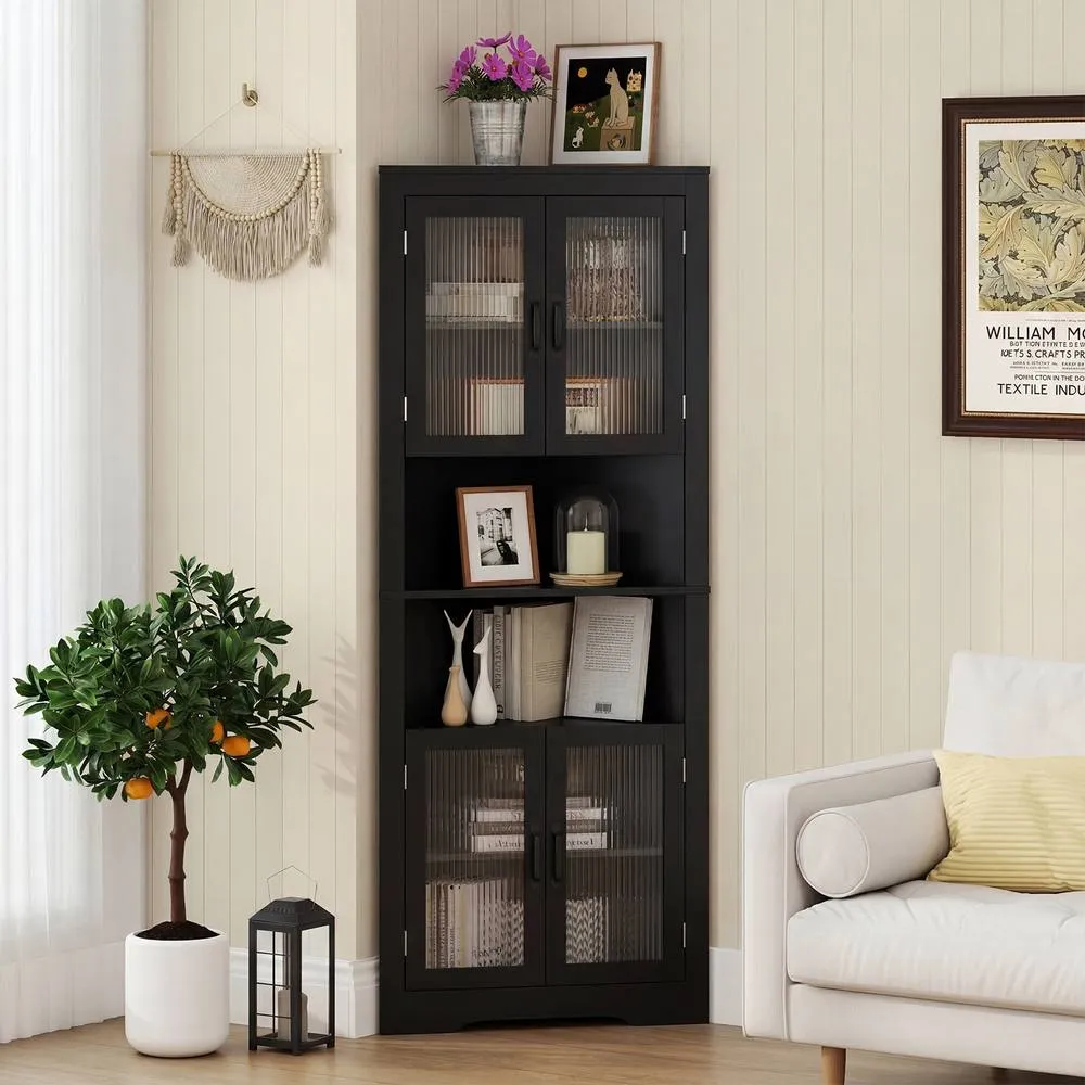 Costway 6-Tier Corner Storage Cabinet 170cm Tall Corner Hutch w/ 4 Glass Doors in Black 3