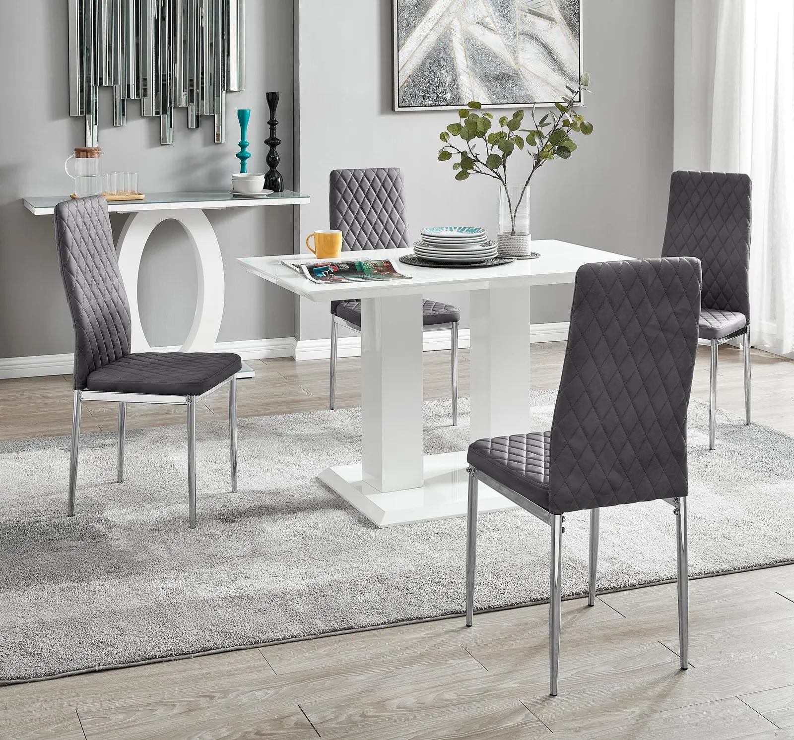 FurnitureboxUK Imperia 4 Seater Modern White High Gloss Rectangular Dining Table & 4 Milan Velvet Chairs in Grey 1