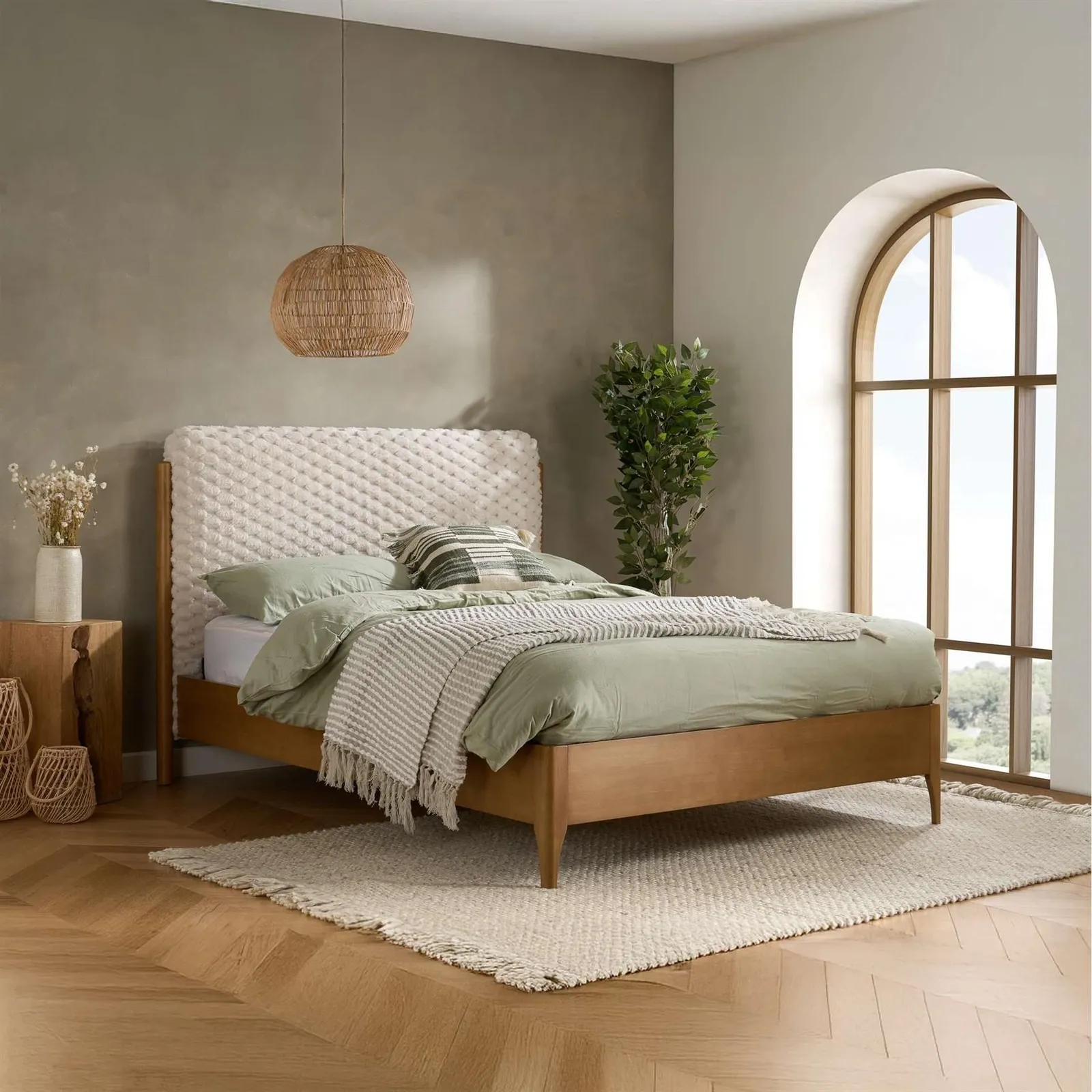 Birlea Hatti White Faux Fur & Natural Wooden Bed Frame Double size in Off-White 2