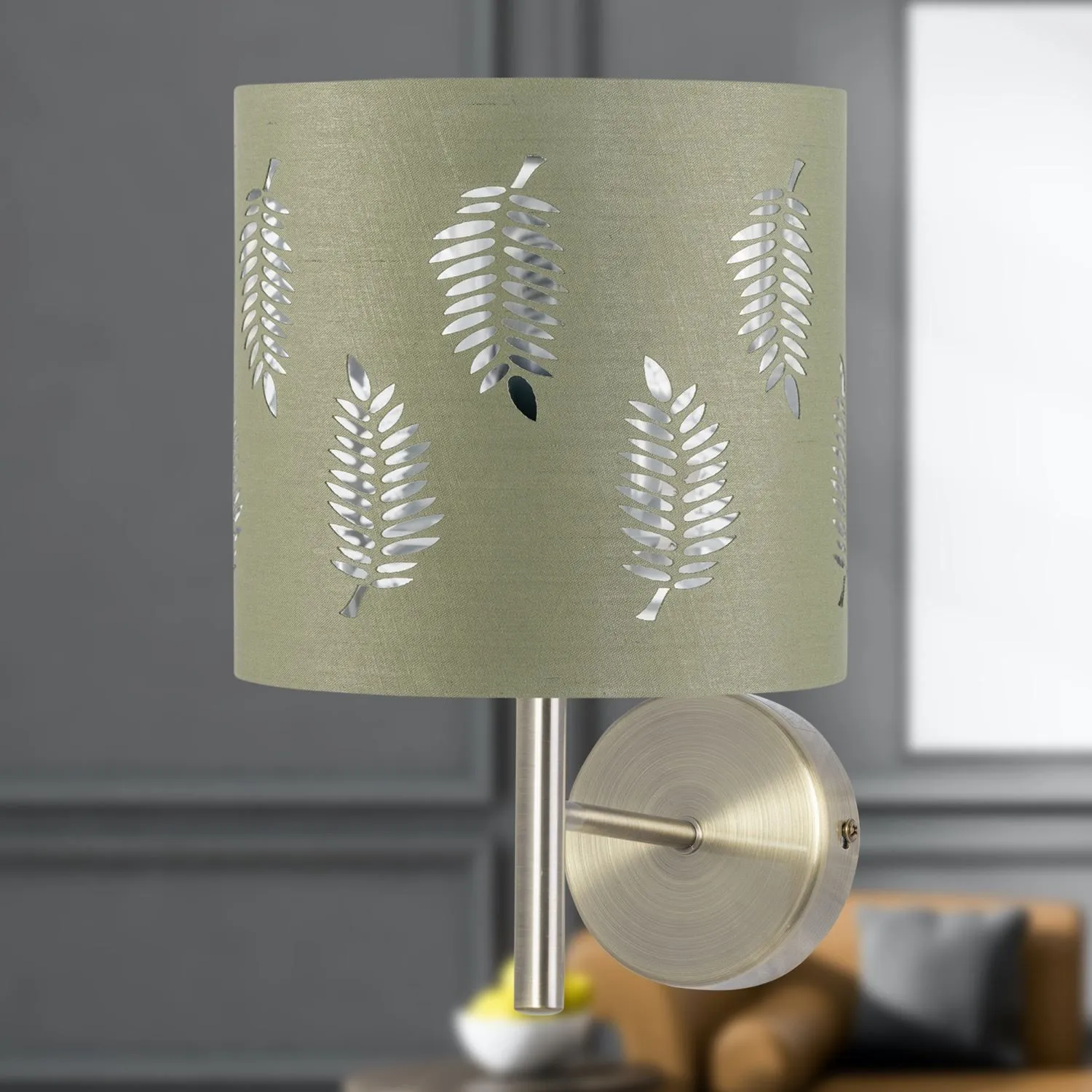 First Choice Lighting Brea - Antique Brass Wall Light with Sage Green Fern Shade in Gold 4