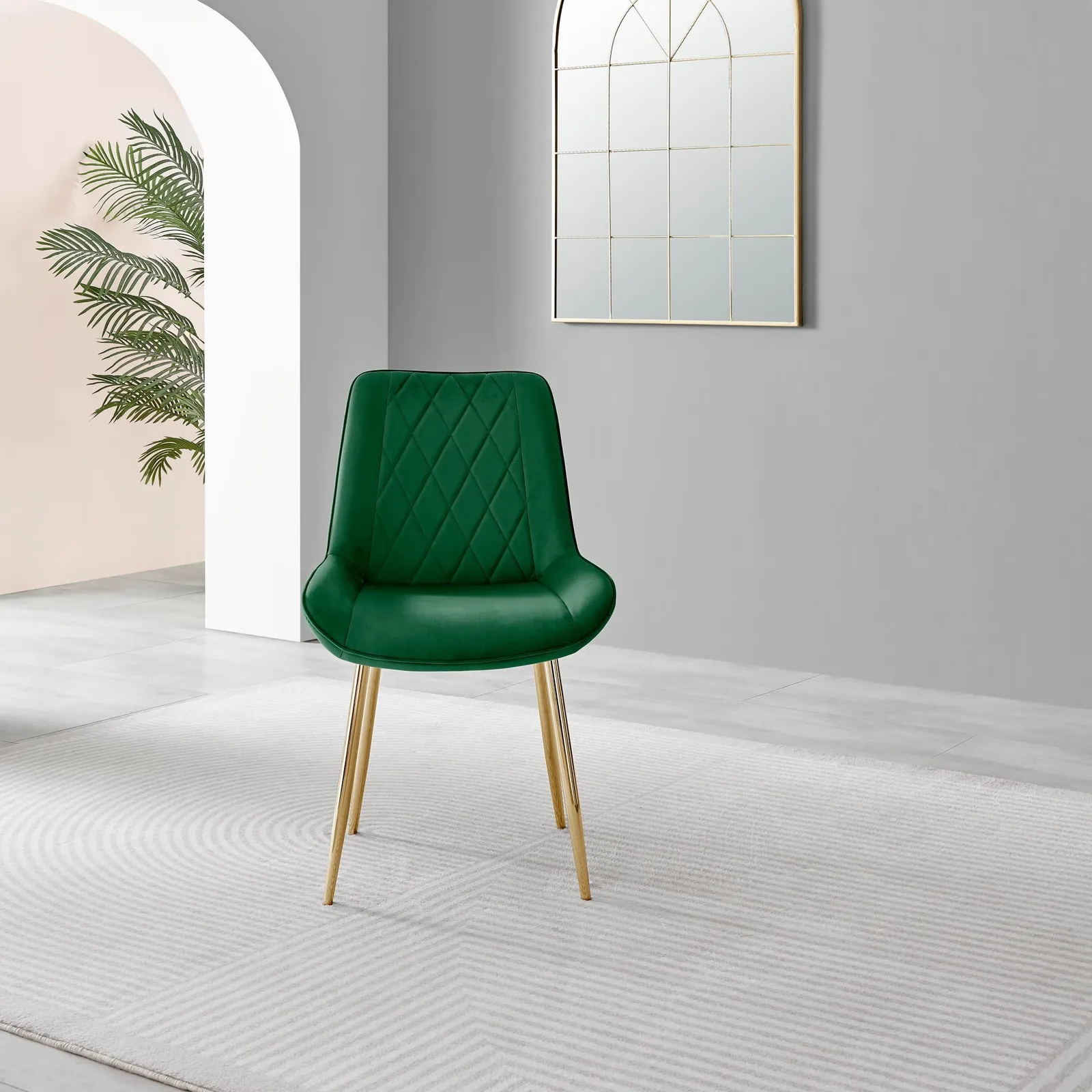 FurnitureboxUK Set of 2 Pesaro Luxury Soft Touch Diamond Pattern Velvet Dining Chairs With Gold Chrome Metal Legs in Green 4