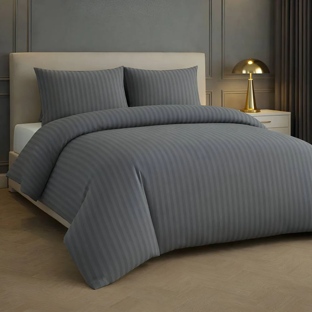 Grace Double Brushed 2 Pack Embossed Stripes Duvet Cover Set in Grey