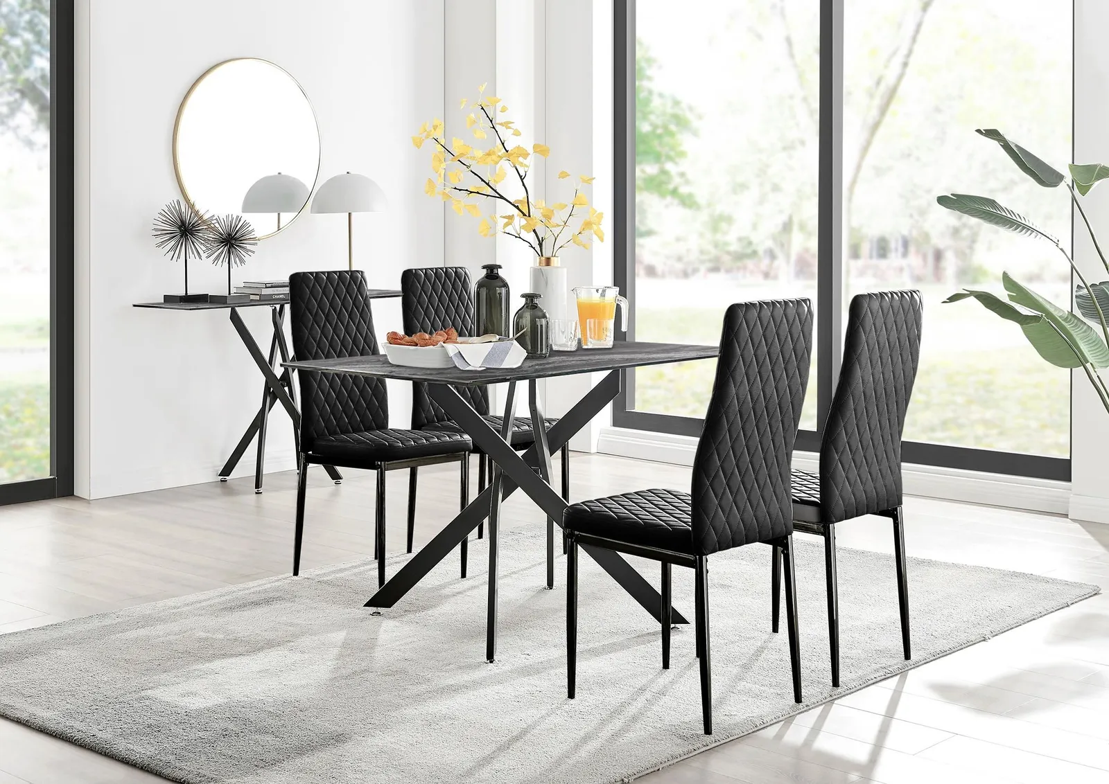 FurnitureboxUK Leonardo Grey Glass Marble Effect Black Leg Table & 4 Milan Black Leg Chairs 1