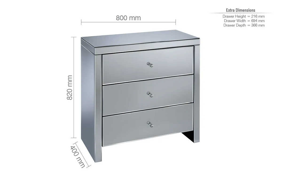 Birlea Seville 3 Drawer Chest Mirrored in Silver 6