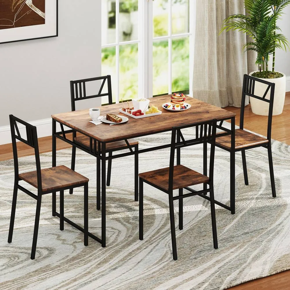 Costway 5 Pcs Dining Table Set Industrial-Style Kitchen Table & 4 Chairs in Brown