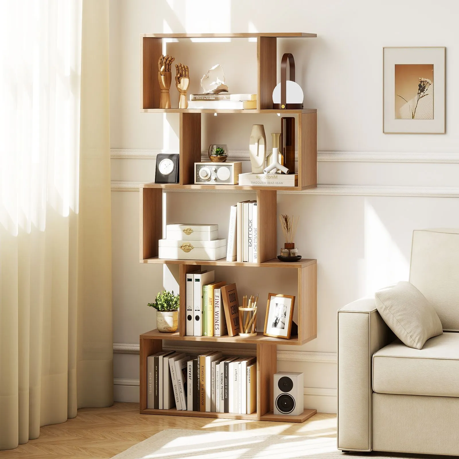 Costway 5-Tier Bookshelf Geometric S-Shaped Bookcase in Natural 4