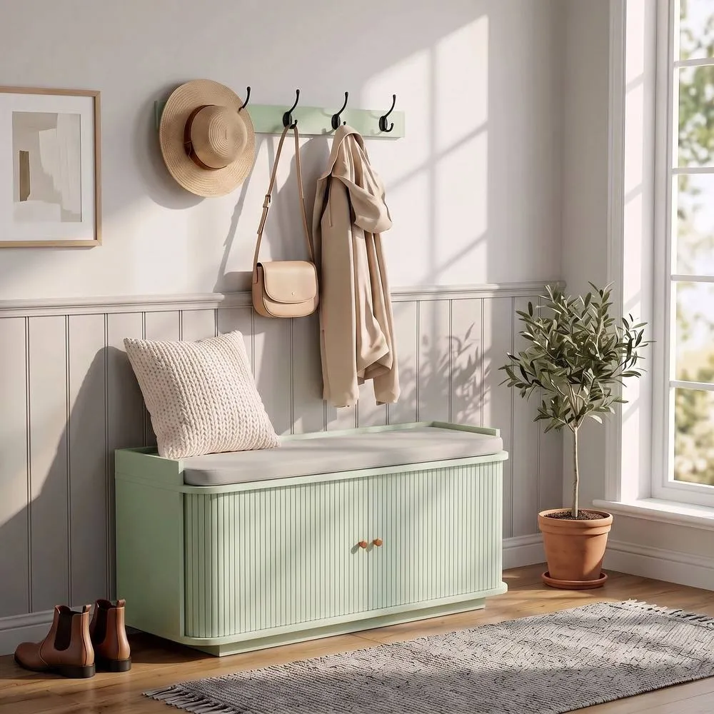 HOMCOM Hallway Furniture Set with Shoe Bench & Coat Rack in Light Green 2