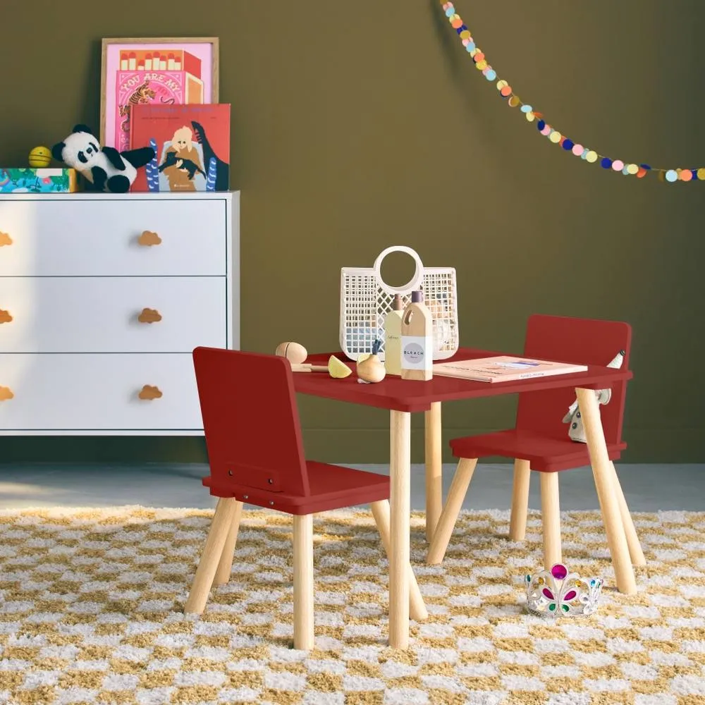 sweeek Children's square table with 2 chairs pine legs in Terracotta