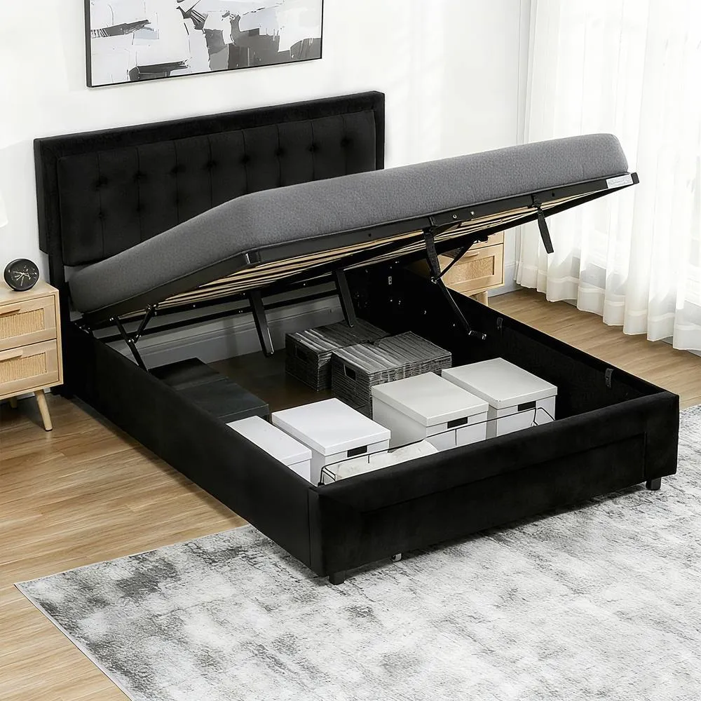 HOMCOM 5ft Double Bed Frame with Storage & Adjustable Headboard, Black 2