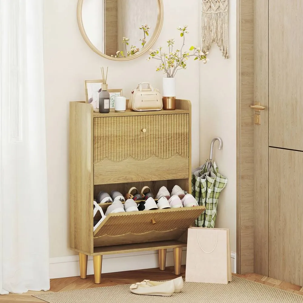 HOMCOM Narrow Shoe Cabinet, Shoe Storage Cabinet with 2 Flip Drawers, Oak in Natural 2