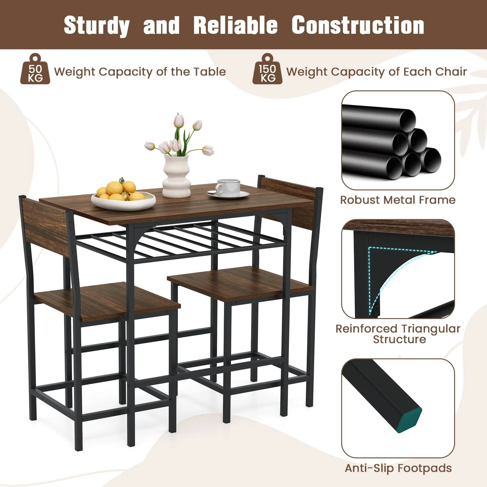 Costway Dining Table Set for 2 3-Piece Wood Rectangular Table & Chair Set w/ Metal Frame in Brown 5