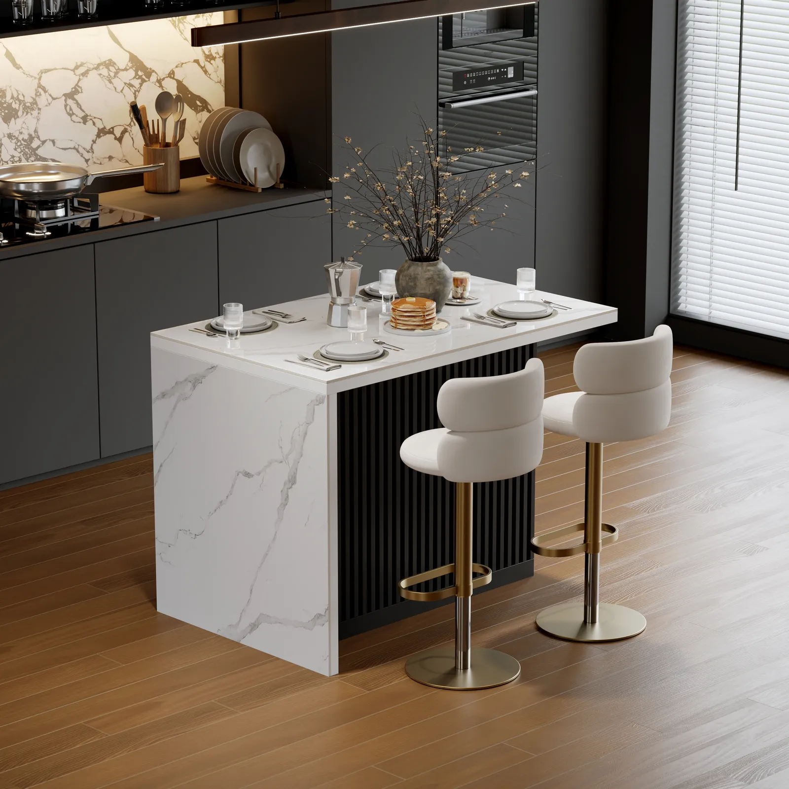 Modern 130 cm Glossy Sintered Stone Kitchen Island with Storage, White & Black