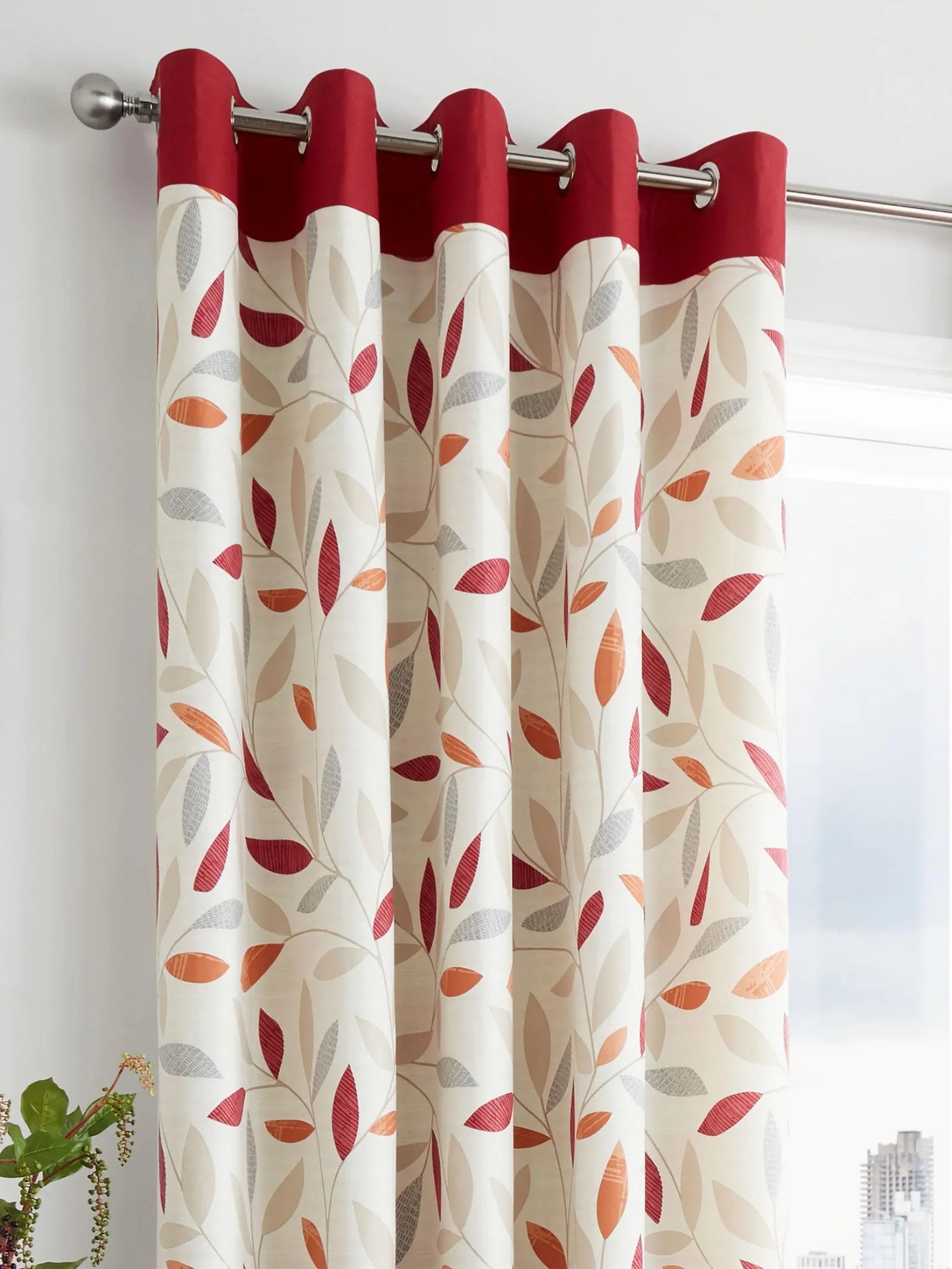 Fusion 'Beechwood' Leaf Trail Pair of 100% Cotton Eyelet Curtains in Red 2