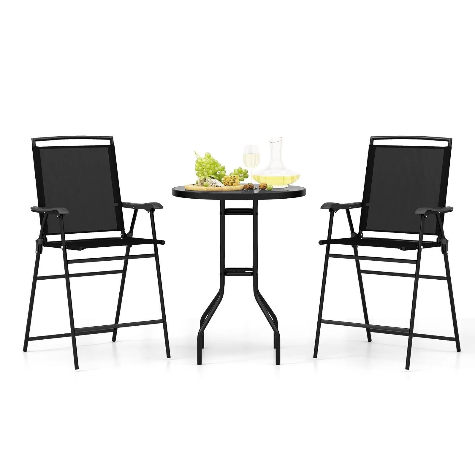 Costway 3 PCS Outdoor Bar Stool Set w/ Umbrella Hole Patio Bistro Table & 2 Folding Chairs in Black