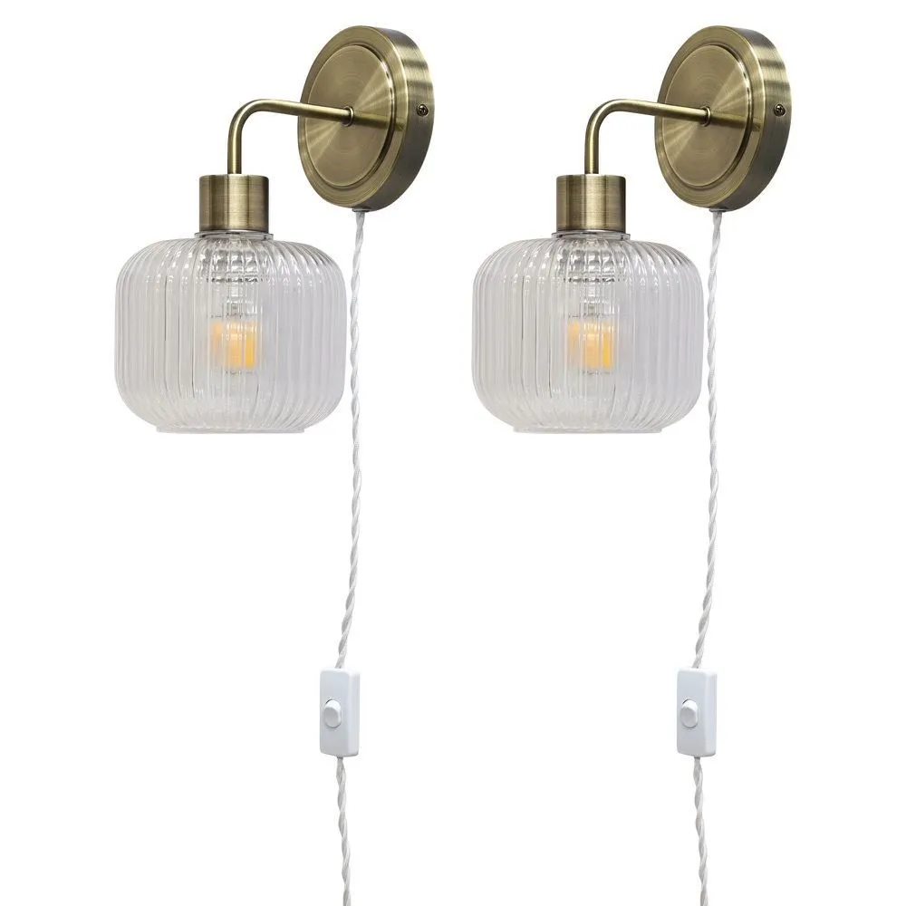 First Choice Lighting Set of 2 Toby - Antique Brass Plug in Wall Lights Ribbed Glass Shades in Gold