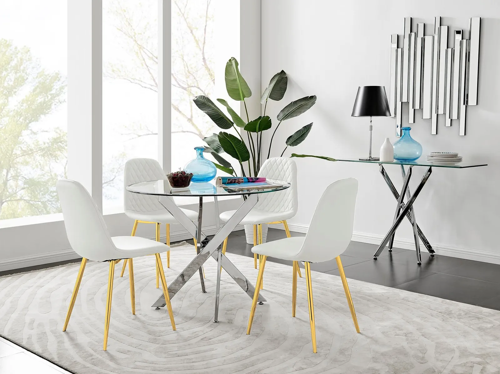 FurnitureboxUK Novara Chrome Metal 100cm Round Glass Dining Table & 4 Corona Gold Dining Chairs in White 1
