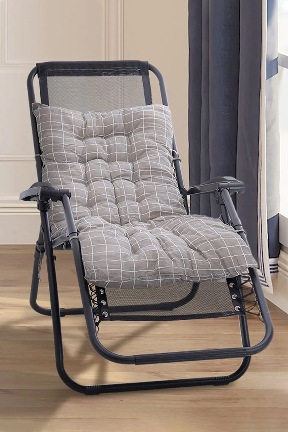 Living and Home 160cm L x 50cm W Plaid Print Beach Chair Seat Cushion Button Tufted Lounge Cushion in Grey