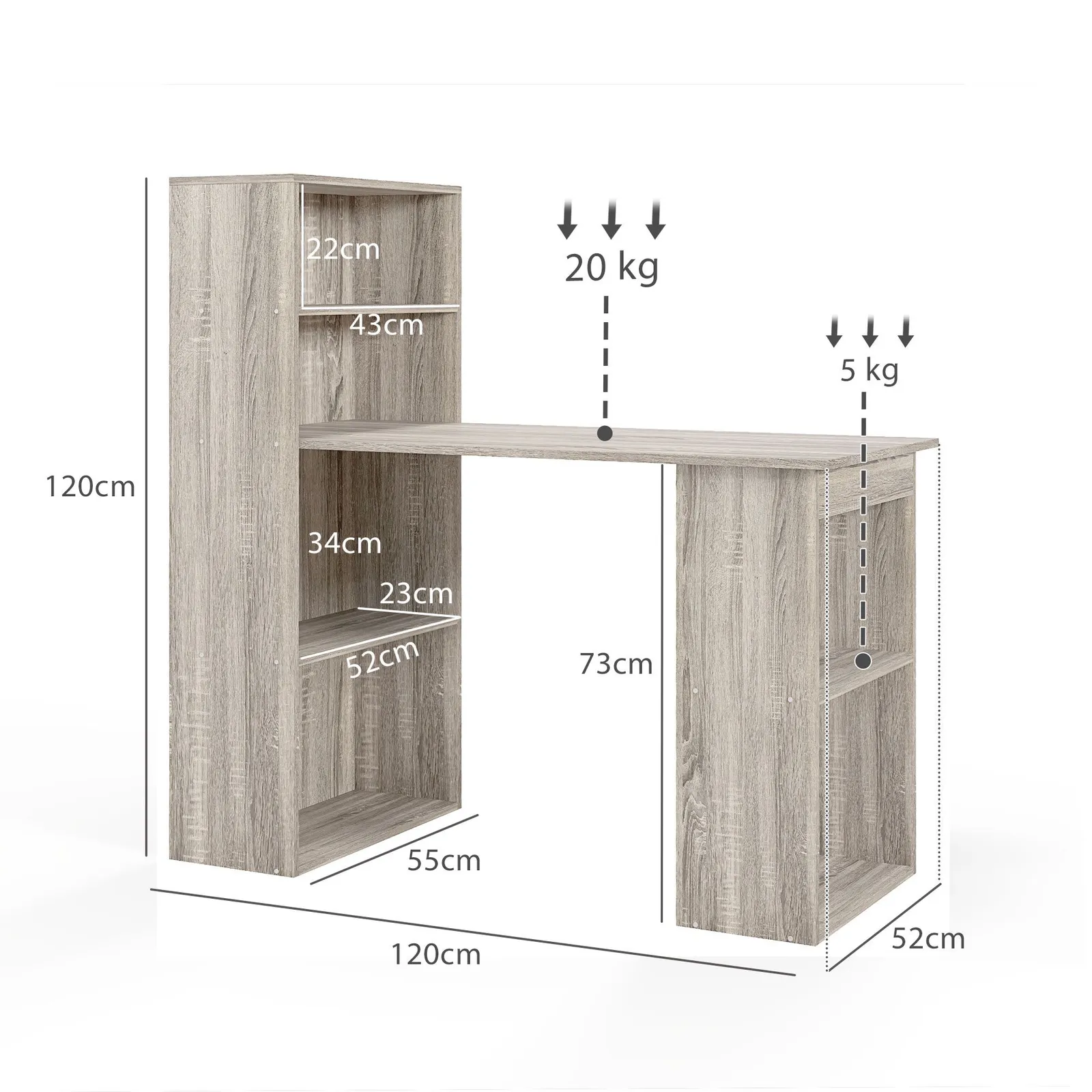 HOMCOM 120cm Computer Desk Bookshelf Writing Table 6 Shelves Grey 3